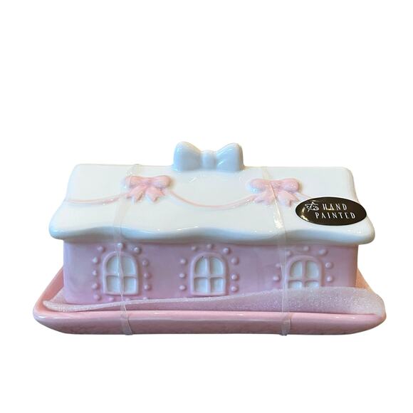 Gingerbread House Covered Butter Dish Hand Painted Pastel Pink & White NEW - Picture 10 of 14
